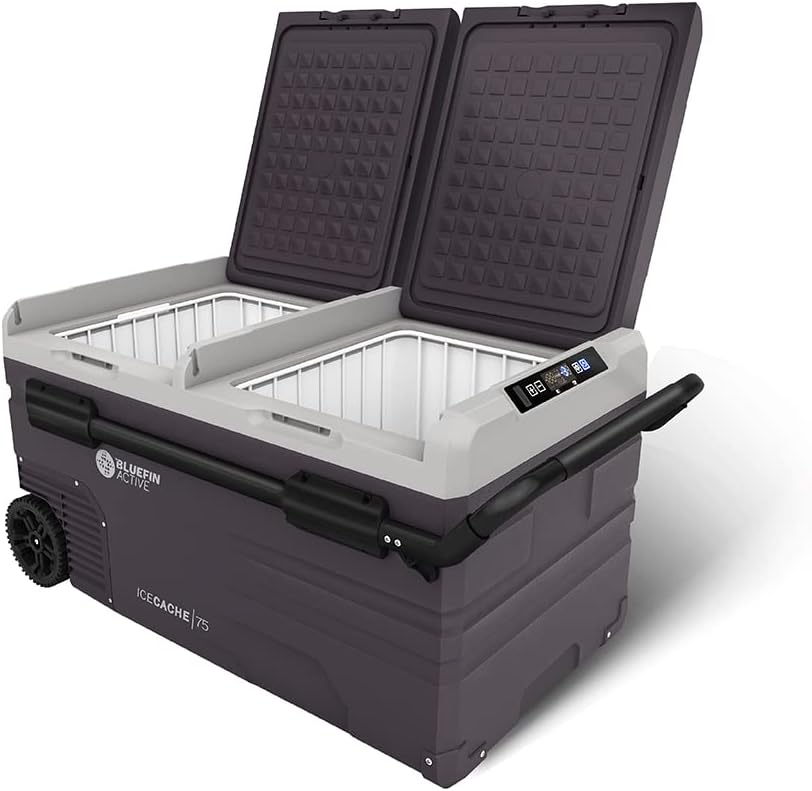 Bluefin Active Ice Cache 75L | Portable Travel Fridge | Advanced Cooling & Freezing Technology | Energy Efficient Charging | Dual Storage Compartments | Smartphone App Control | LCD | AC & DC