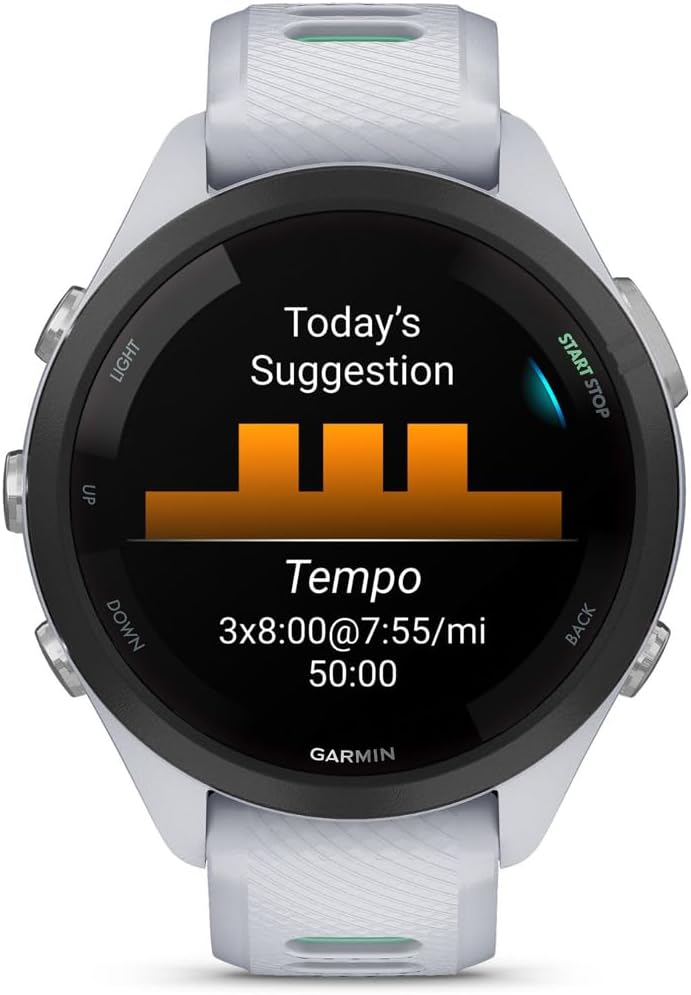 Garmin 010-02810-04 Forerunner 265S GPS Smartwatch, Whitestone/Neo Tropic | Official USA Partner Model | Bundle with Sport Towel + Deco Essentials Wearable Commuter Front & Rear Safety Light