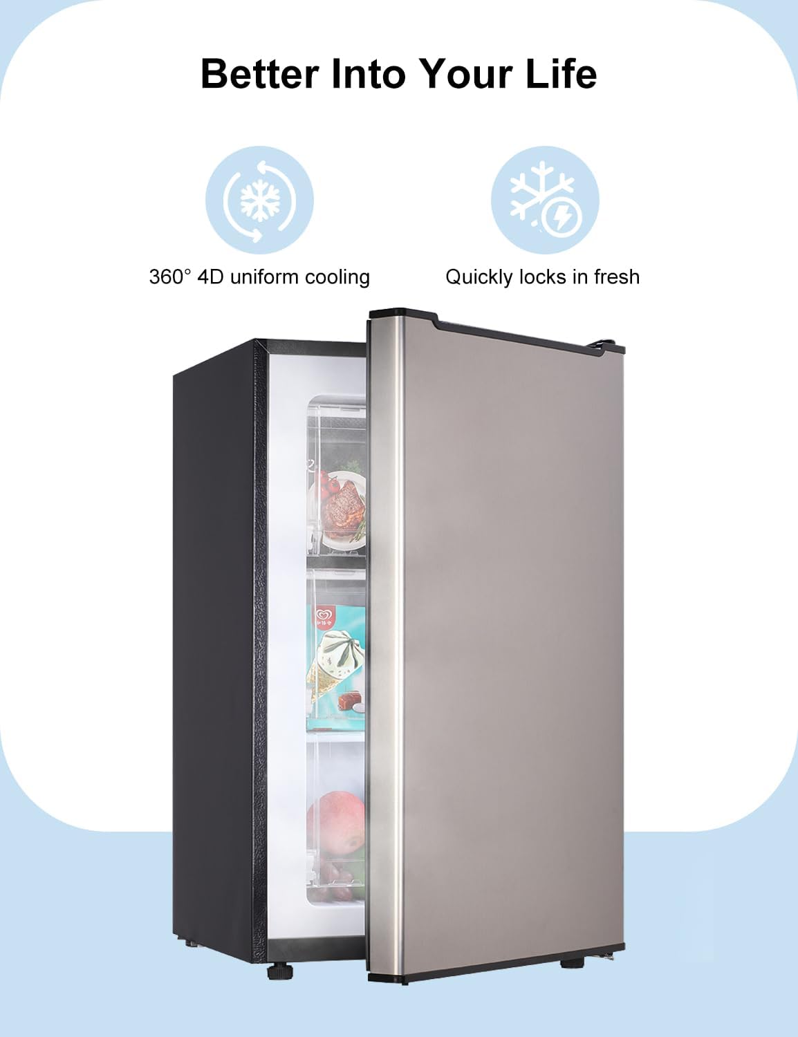 Upright Freezer, 3.2 Cu Ft Mini Small Freezer for 1-2 People, Portable Compact Freezer with 3 Plastic Baffles, 4D Cooling & 40dB Ultra-Quiet, Fast Freeze (-13°F) - Silver