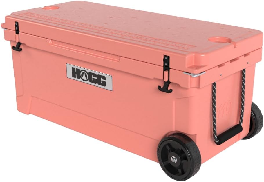 Ice Cooler with Wheels and Handle, Wheeled Cooler, Insulated Ice Chest with Wheels and Handle for Fishing and Camping with Dry Storage, Bottle Openers, and Cupholders