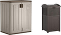 Suncast 30 Gallon Resin Outdoor Hideaway Patio Trash Can and Base Storage Cabinet Bundle