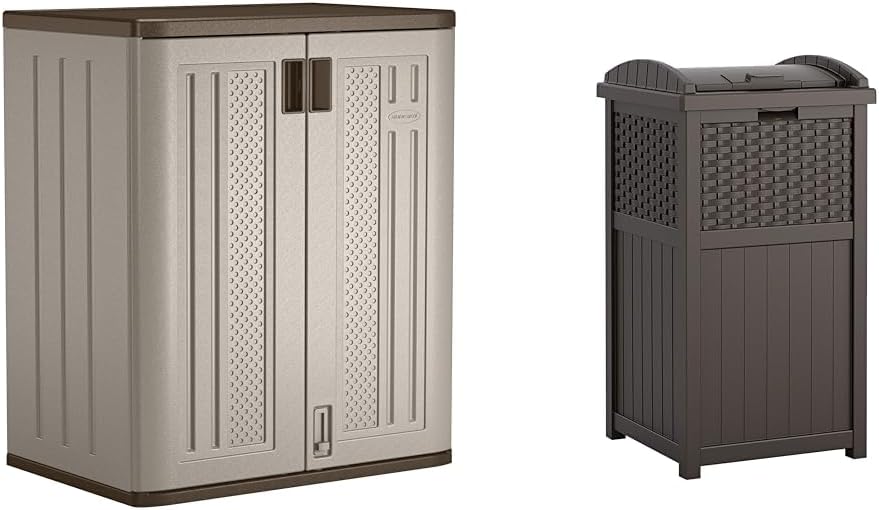 Suncast 30 Gallon Resin Outdoor Hideaway Patio Trash Can and Base Storage Cabinet Bundle