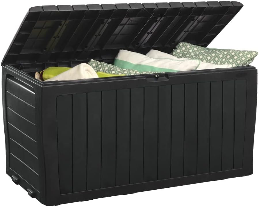 Suncast 50-Gallon Outdoor Resin Patio Deck Storage Box with Seat, Peppercorn & Keter Marvel Plus 71 Gallon Resin Deck Box-Organization and Storage for Patio Furniture Outdoor Cushions, Throw Pillows