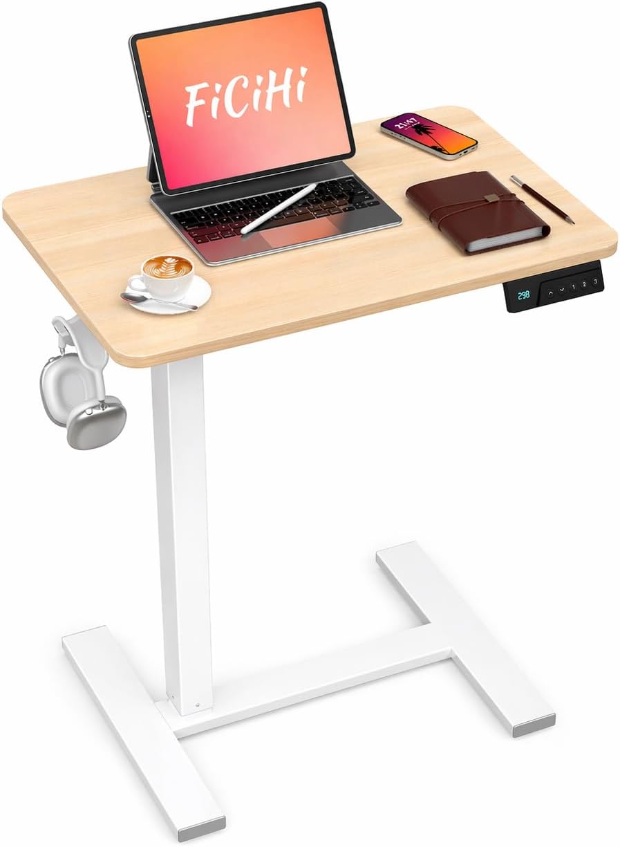 FiCiHi Electric Standing Desk with Wheels – Adjustable Height Mobile Sit-Stand Laptop Table, Portable Rolling Small Computer Workstation for Home Office & Bedside Use (24'x16', Maple)