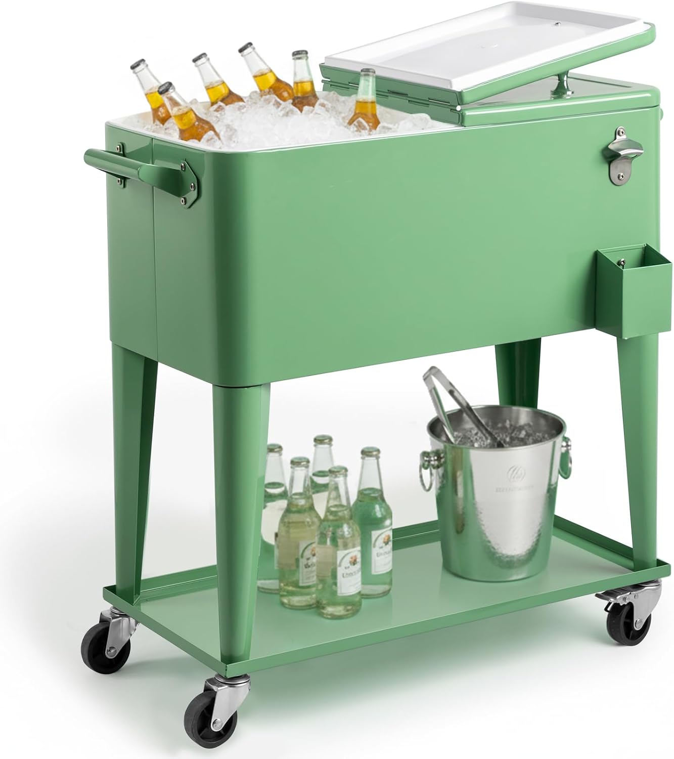 Outvita 80 Quart Rolling Ice Chest, Portable Bar Drink Cooler with Catch Basin, Bottom Storage Tray and Bottle Opener for Patio Party BBQ Beach Activities