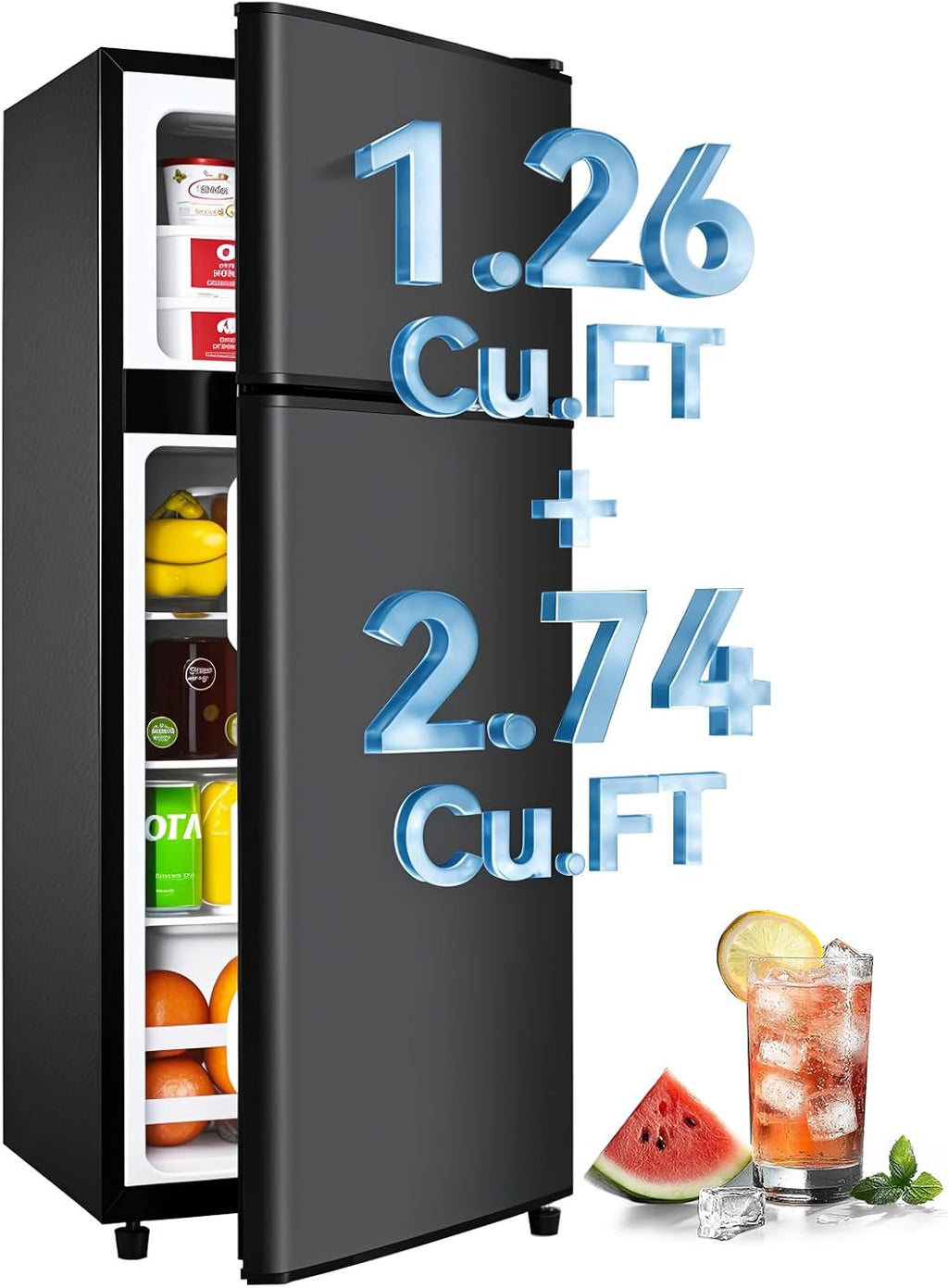 Anypro 4.0 Cu.Ft Fridge with Freezer, Double Door Refrigerator with 6 Level Thermostat, LED Light, Adjustable Glass Shelves for Bedroom, Office, Dorm, Apartment, Black