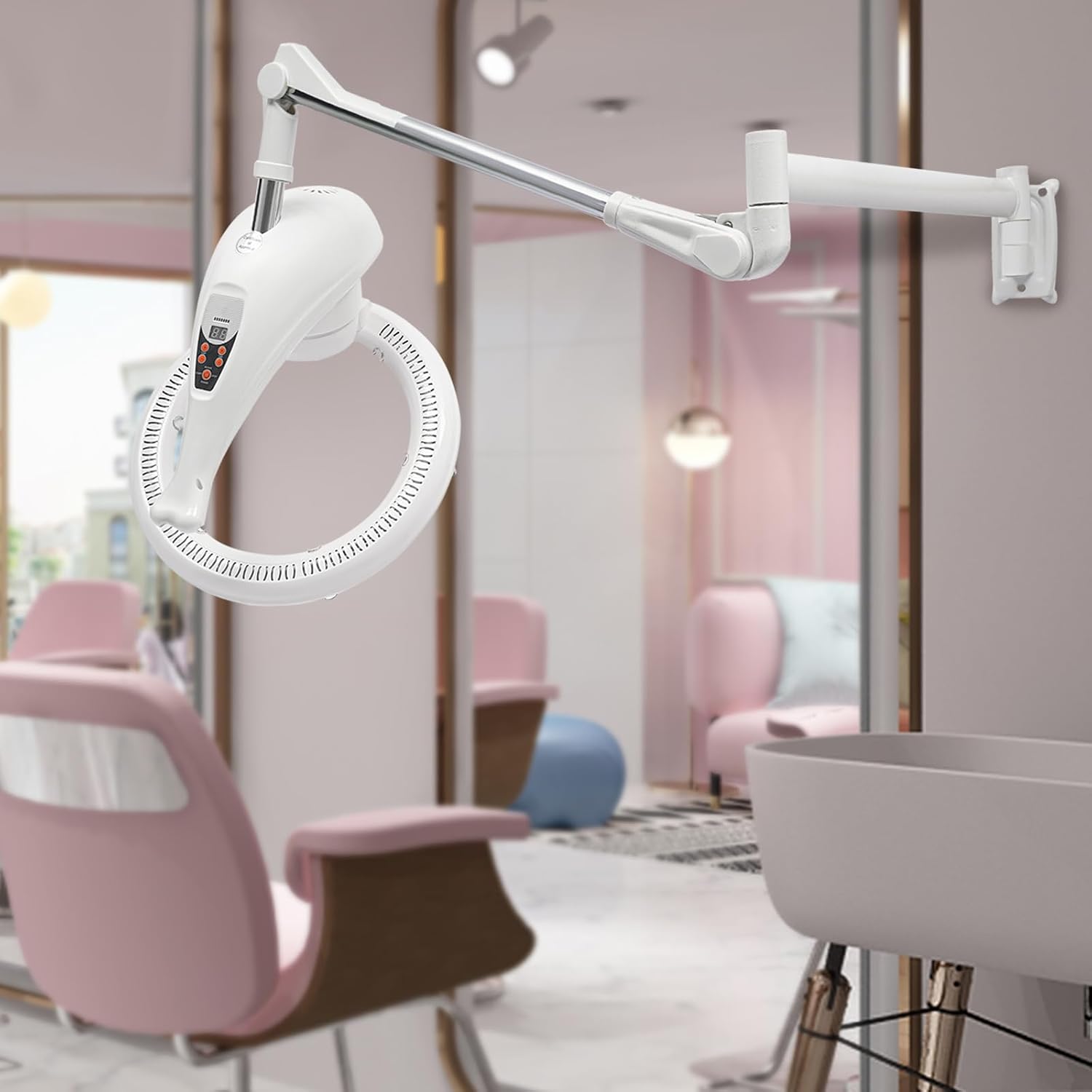 Hair Dryer 950W, 360 Degree Rotating Heating Ring, Wall Mount Orbiting Rotating Hair Treatment Machine, Salon Hair Perming Machine, 104-140℉ Styling Perming Dryer (White)