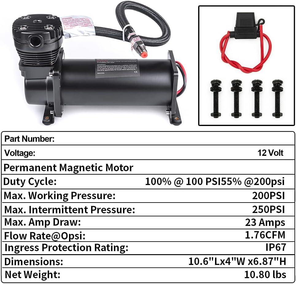 Heavy Duty 200 PSI Air horn Compressor Dual Value Pack, 1/4 NPT Train Horn/Air Ride Compressor, Fittings for 12V Train/Truck/Car BLACK