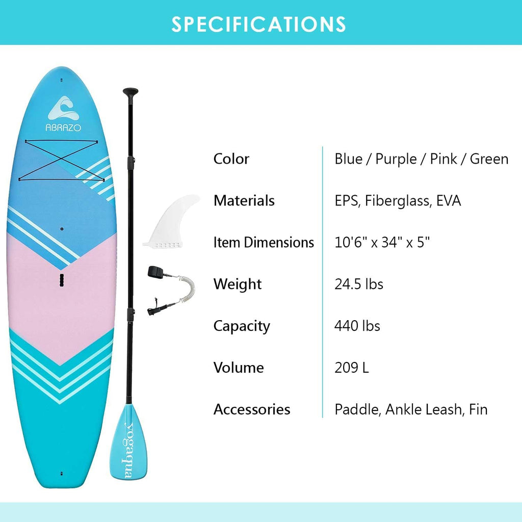 Abrazo YOGAqua 10'6' x 34' x 5' Rigid Stand Up Paddle Board, Extra Wide Hardboard Designed by Yoga Guru, Versatile Yoga SUP with Paddle/Ankle Leash/Bottom Fin, Non-Slip EVA Deck, Encased in Fiberglass