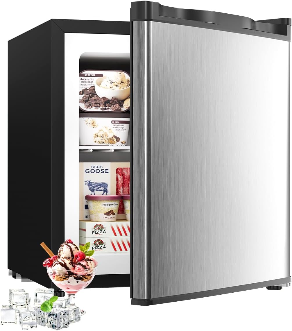 Feelfunn 1.1 Cu.ft Mini Freezer - Compact Upright Freezer with 7 Adjustable Thermostat, Removable Shelf, Reversible Single Door, 360°Uniform Cooling Small freezer for Home Office Kitchen Dorm, Silver