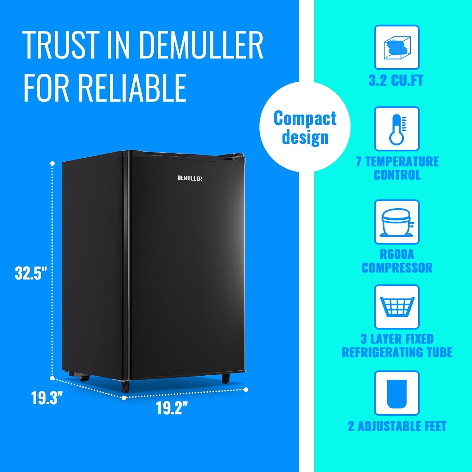DEMULLER 3.2 Cu.Ft Upright Freezer with 7 Adjustable Thermostat Stand-up Single Door Compact Freezers with Rapid Cooling Technology for Home Kitchen Dorm Black