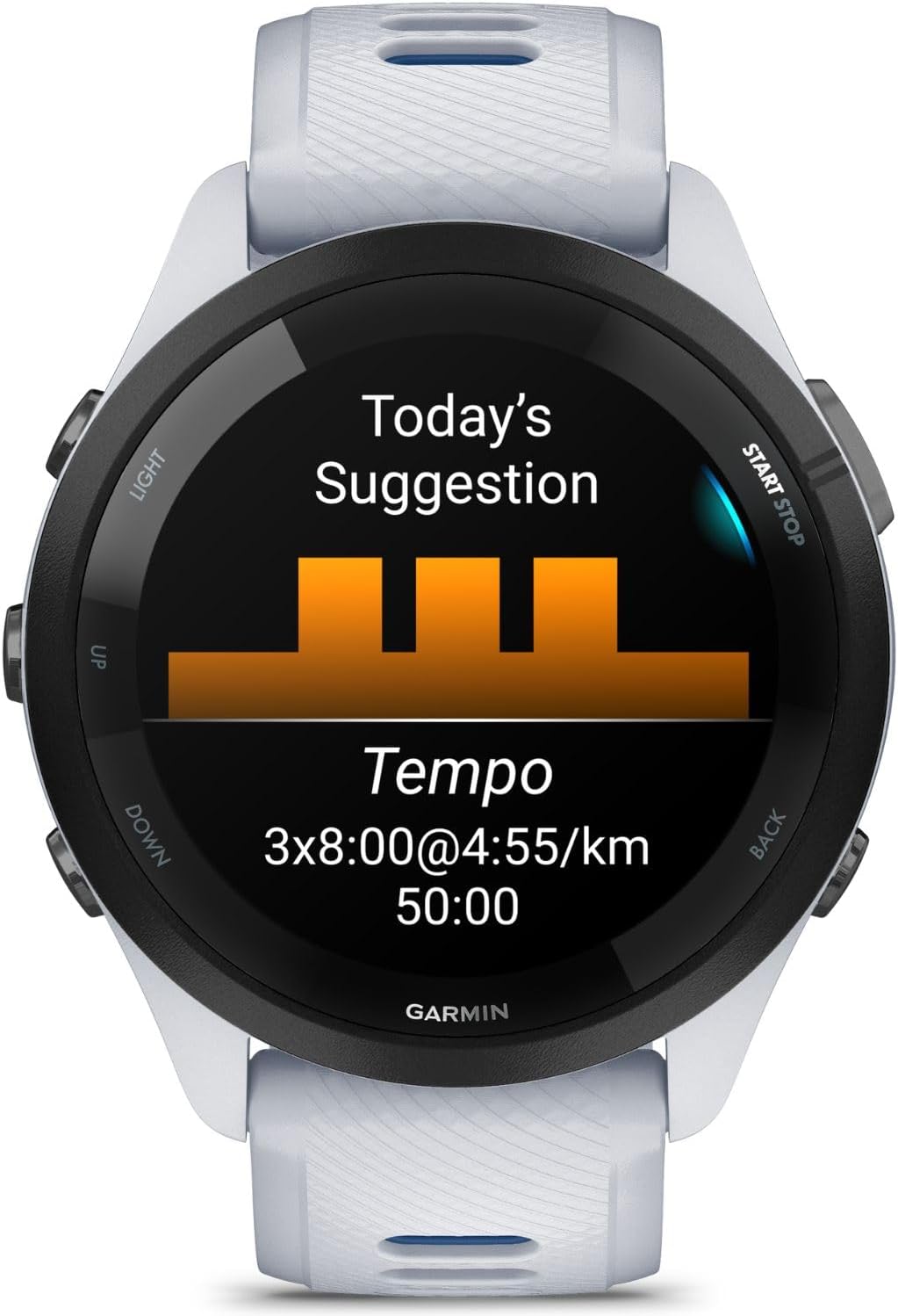 Garmin Forerunner 265 GPS Smartwatch, Whitestone/Tidal Blue Bundle with Deco Essentials Charging Dock Venu 3 + Silicone Dust Cover + Round Tempered Glass Screen Protector