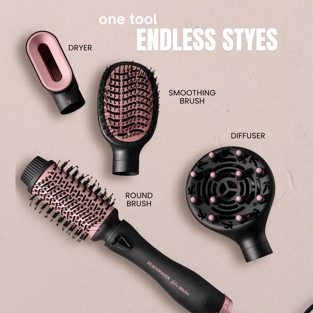 The Beachwaver Co. Blow Brush - Midnight Rose | Versatile Blow-Dry Brush for All Hair Types w/Interchangeable Attachments | 2 Speeds, 4 Heat Settings, and 4 Attachments - One Tool for Endless Looks!