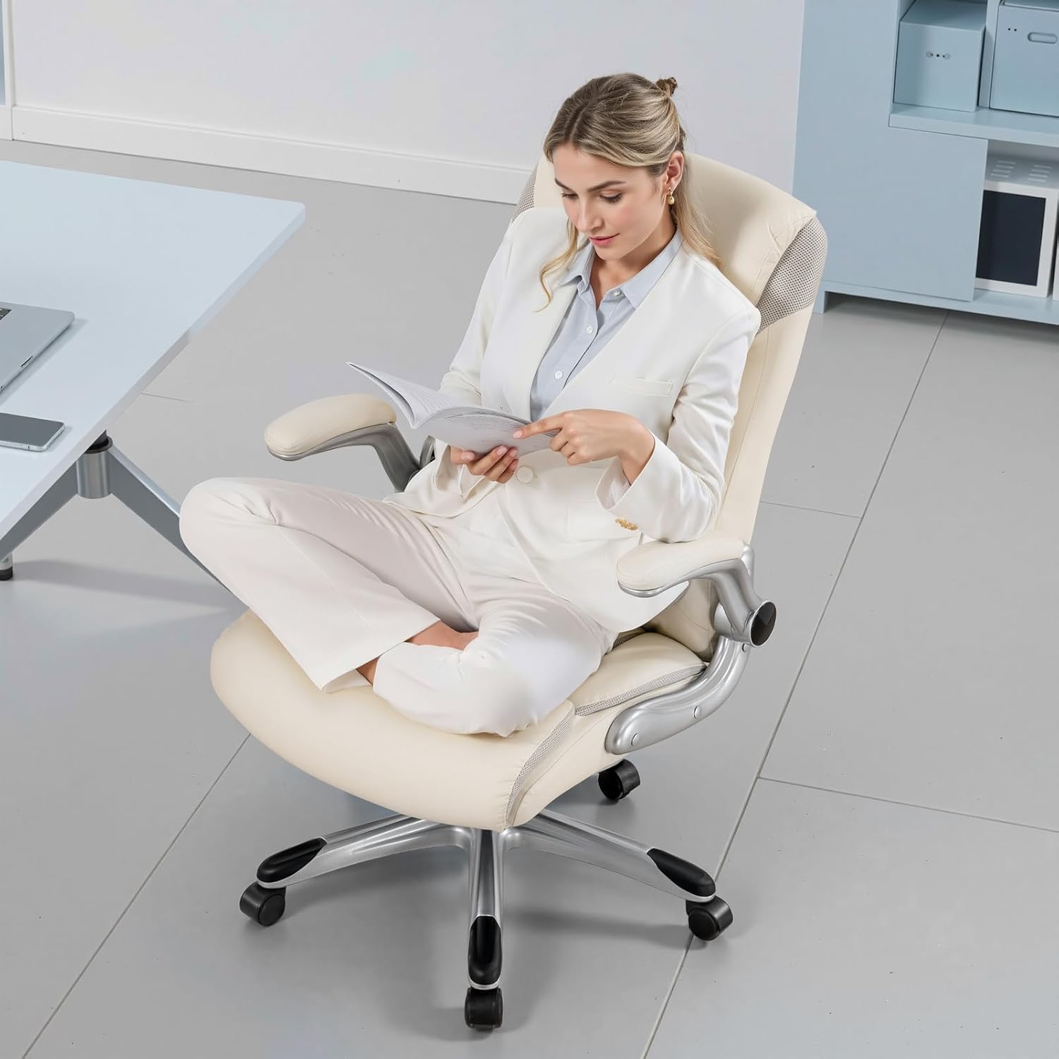 COMHOMA Big and Tall High Back Office Chair 400LBS Wide Leather Executive Chair Height Adjustable Lumbar Support & Armrests, Comfy Desk Gaming Chairs Computer Swivel Chair, Beige