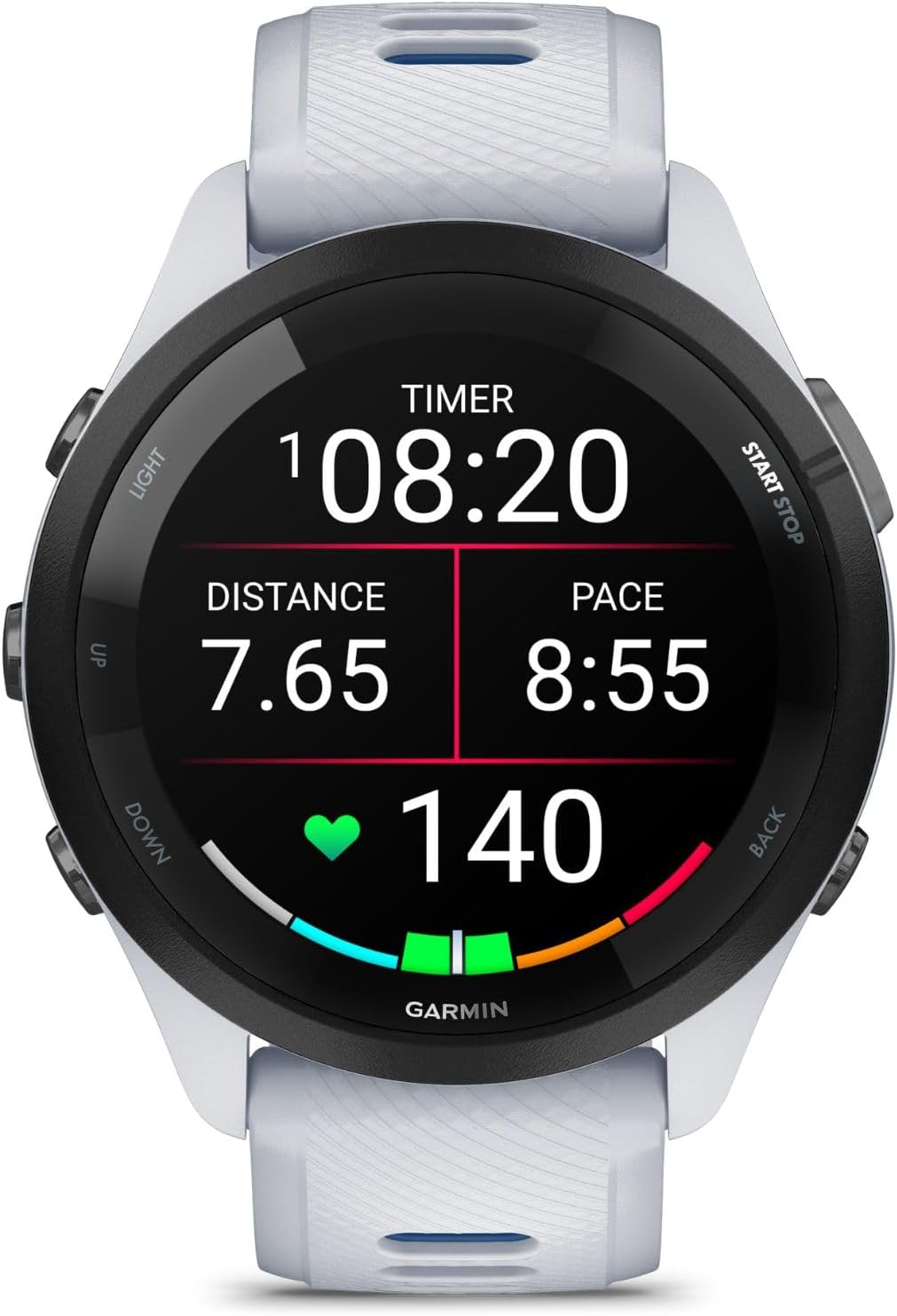 Garmin Forerunner 265 GPS Smartwatch, Whitestone/Tidal Blue Bundle with Deco Essentials Charging Dock Venu 3 + Silicone Dust Cover + Round Tempered Glass Screen Protector