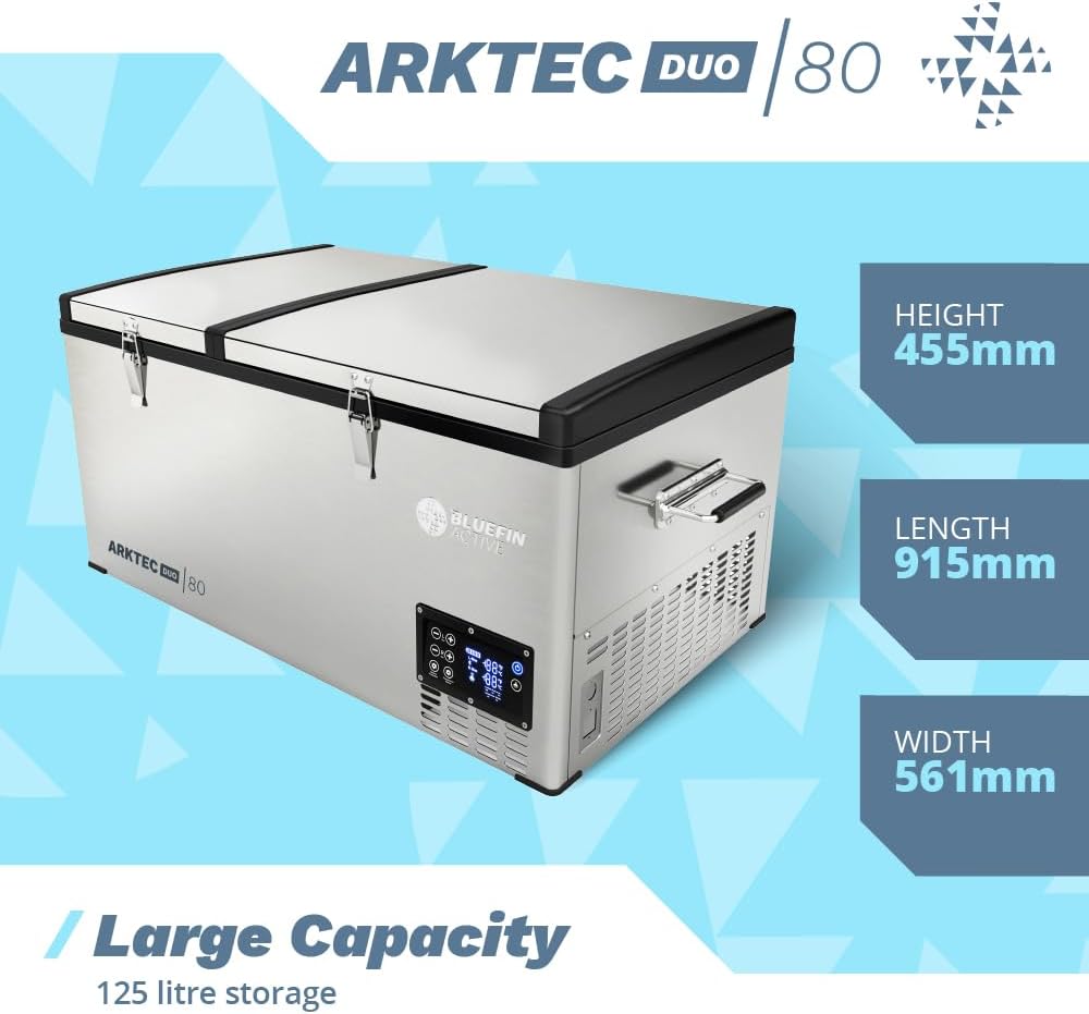 Bluefin Active Arktec Duo 80L | Portable Travel Fridge | Advanced Cooling & Freezing Technology | Energy Efficient Charging | Dual Storage Compartments | Smartphone App Control | LCD Display | AC & DC