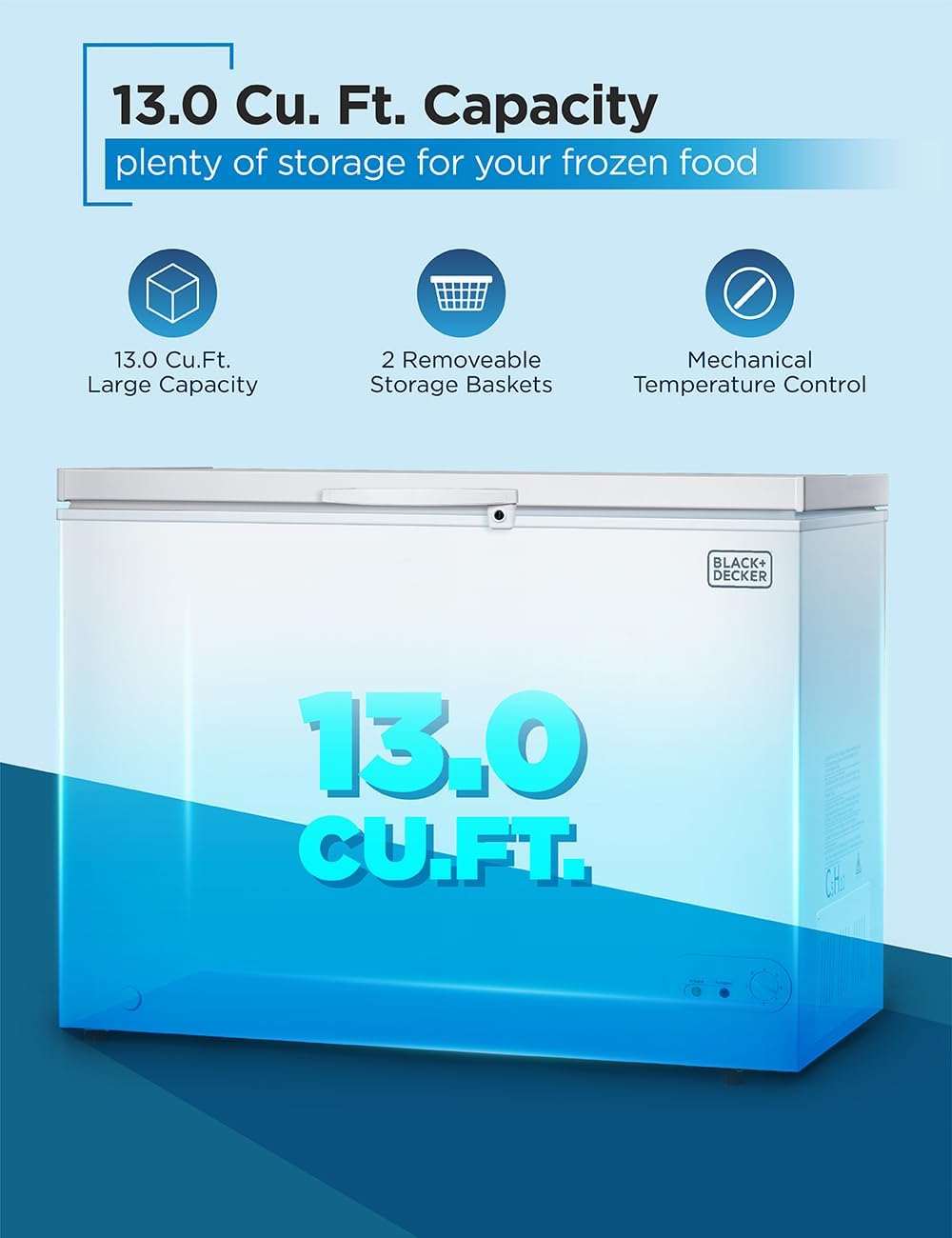 BLACK+DECKER 13 Cu. Ft. Chest Freezer, Deep Freezer with Top Opening, Freezer Chest with Removable Storage Basket, Mechanical Temperature Control, Manual Defrost, R600a Refrigerant,BCF1300E,White