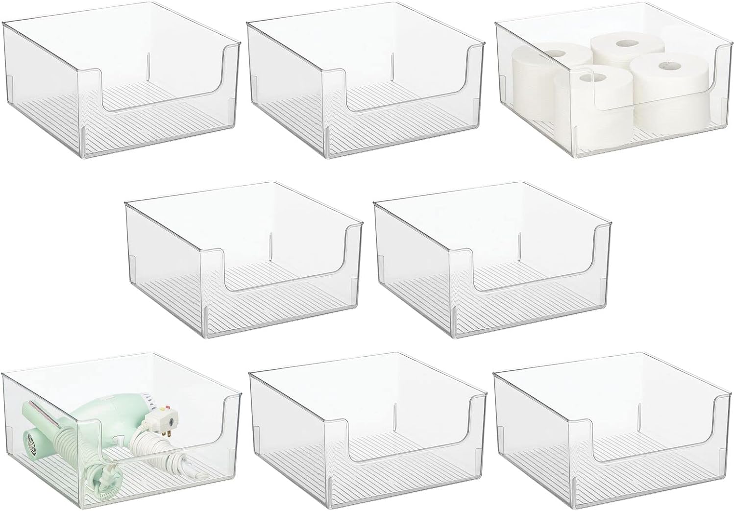 mDesign Modern Wide Plastic Open Front Dip Storage Organizer Bin Basket for Bathroom Organization - Vanity Shelf, Cubby, Cabinet, and Closet Organizing Decor - Ligne Collection - 8 Pack - Clear