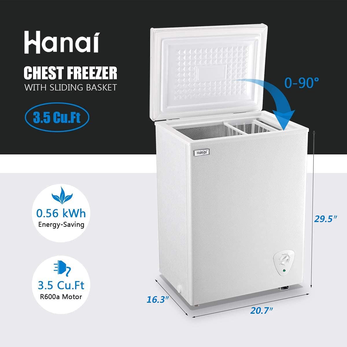 WANAI Chest Freezer 3.5 Cubic Feet Mini Small Deep Freezers with Adjustable Thermostat Top Open Door Freezer Compressor Cooling with Rmovable Storage Basket for Home, Kitchen Office Apartment, Black