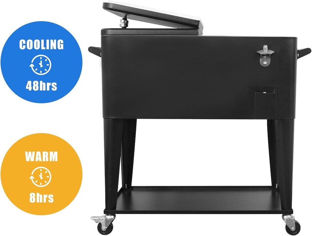 80 Quart Rolling Ice Chest Cooler Cart,for Outdoor Patio Deck Party Portable Party Bar Cold Drink Beverage Cart, Backyard Cooler Trolley on Wheels with Shelf, Bottle Opener