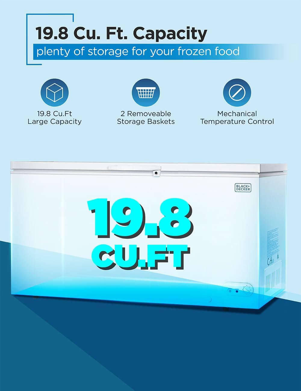 BLACK+DECKER 19.8 Cu. Ft. Chest Freezer, Deep Freezer with Top Opening, Freezer Chest with 2 Removable Storage Baskets, Mechanical Temperature Control, Manual Defrost, R600a Refrigerant,BCF1980E,White