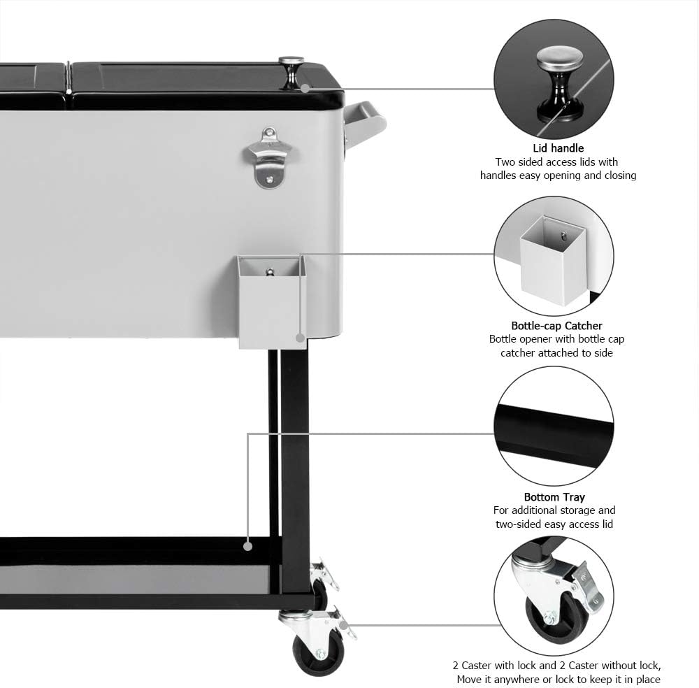 VINGLI Rolling Ice Chest, Portable Patio Party Bar Drink Cooler Cart, with Shelf, Beverage Pool with Bottle Opener