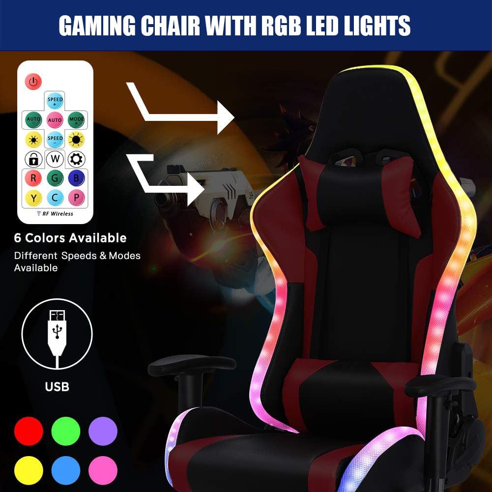 Gaming Chair with RGB LED Lights and Massage, Ergonomic Video Game Chair with Footrest, High Back Reclining Computer Chair with Headrest and Lumbar Support, 4D Handrail,Swivel Seat Gamer Ch