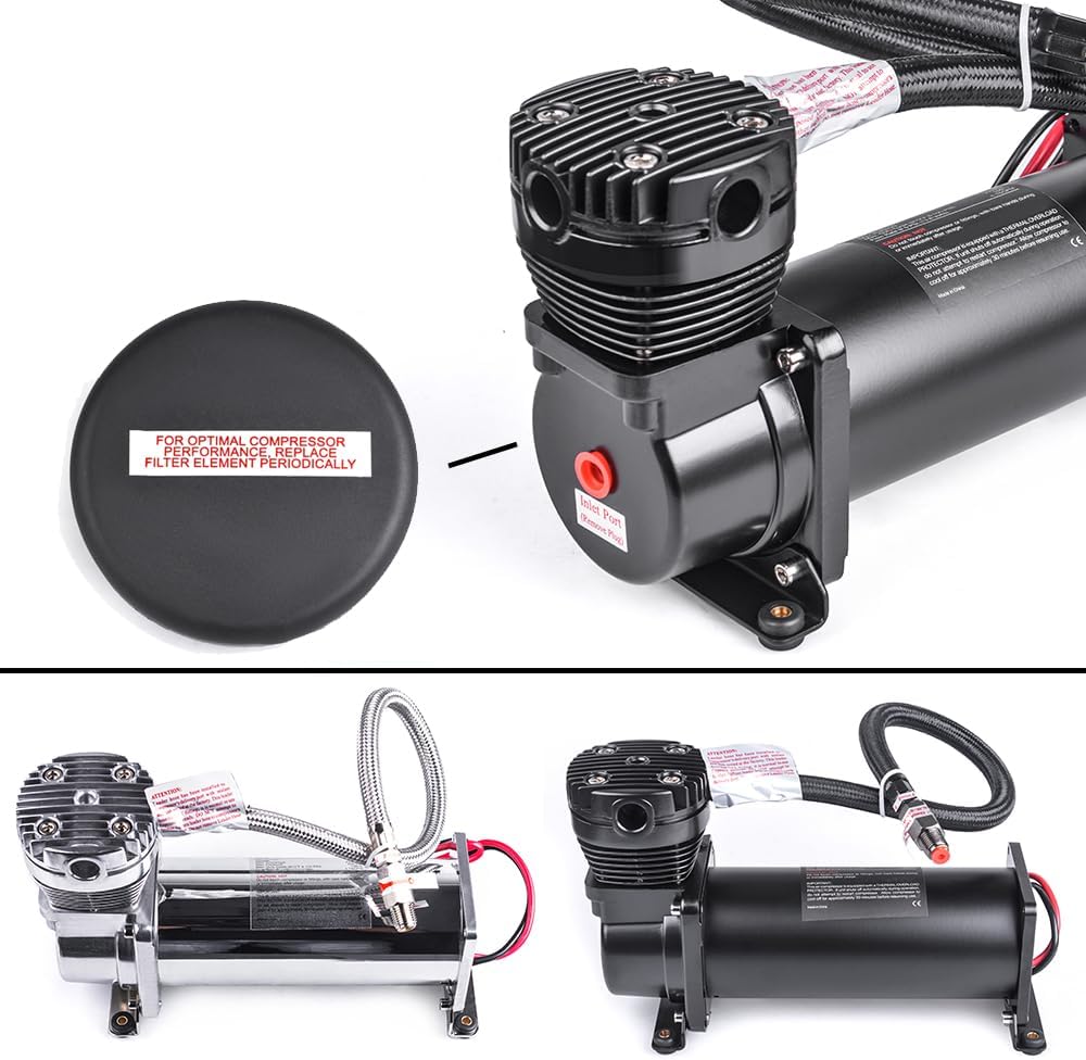 Heavy Duty 200 PSI Air horn Compressor Dual Value Pack, 3/8 NPT Train Horn/Air Ride Compressor, Fittings for 12V Train/Truck/Car,Air Suspension horn Compressor BLACK