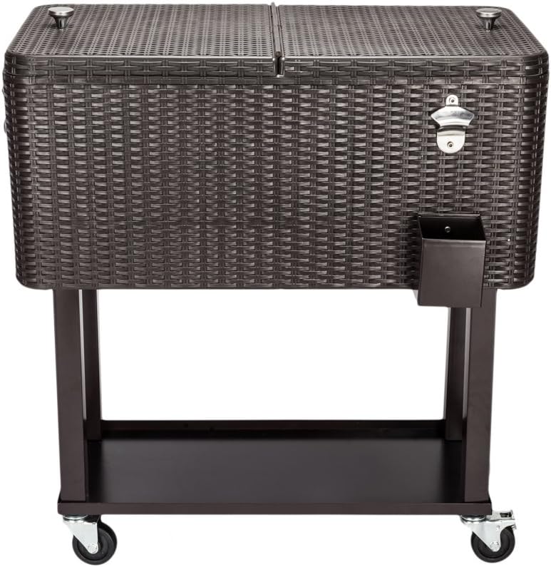 VINGLI 80 Quart Rolling Ice Chest on Wheels, Portable Patio Party Bar Drink Cooler Cart, with Shelf, Beverage Pool with Bottle Opener,Water Pipe