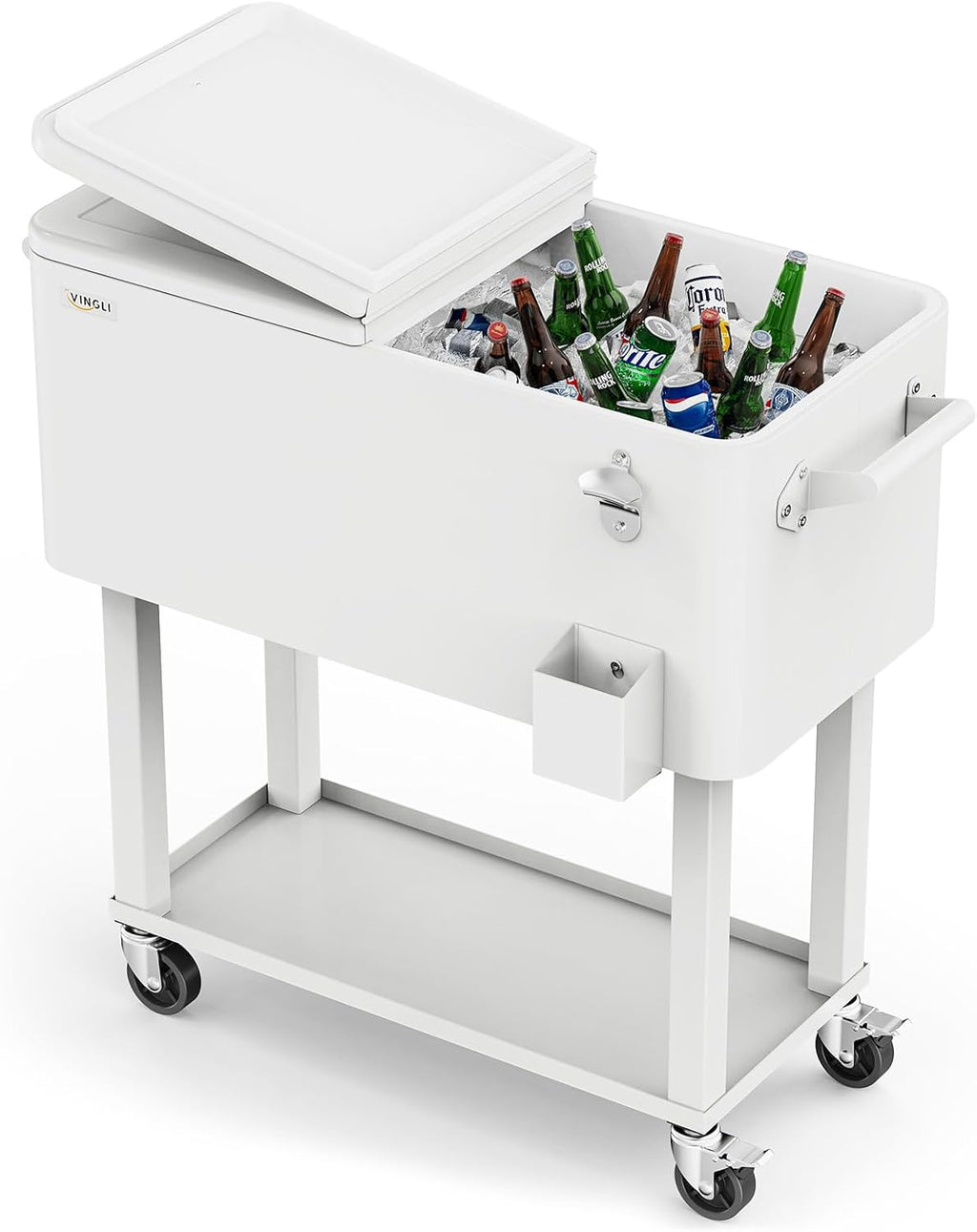 VINGLI Rolling Ice Chest, Portable Patio Party Bar Drink Cooler Cart, with Shelf, Beverage Pool with Bottle Opener