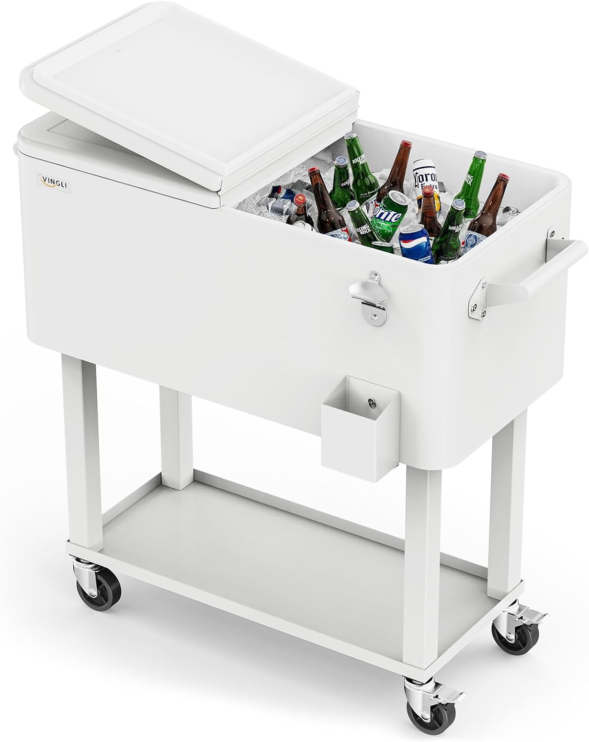 VINGLI Rolling Ice Chest, Portable Patio Party Bar Drink Cooler Cart, with Shelf, Beverage Pool with Bottle Opener