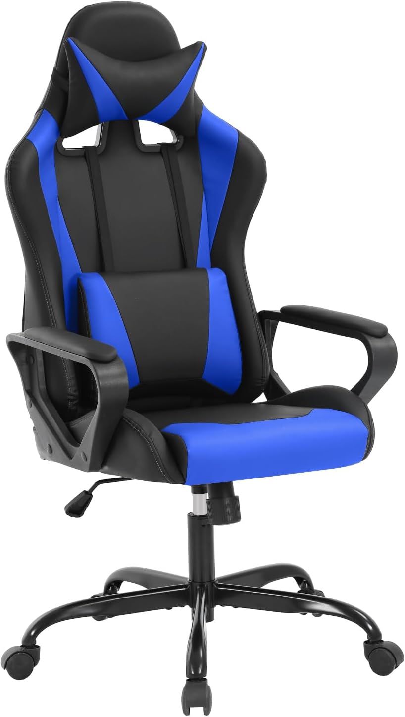 Dopinmin PU Leather Ergonomic Gaming Chair Esports Computer Chair Boss Chair with Lumbar Cushion and Retractable Footrest Video Game Chair for Streaming,Blue