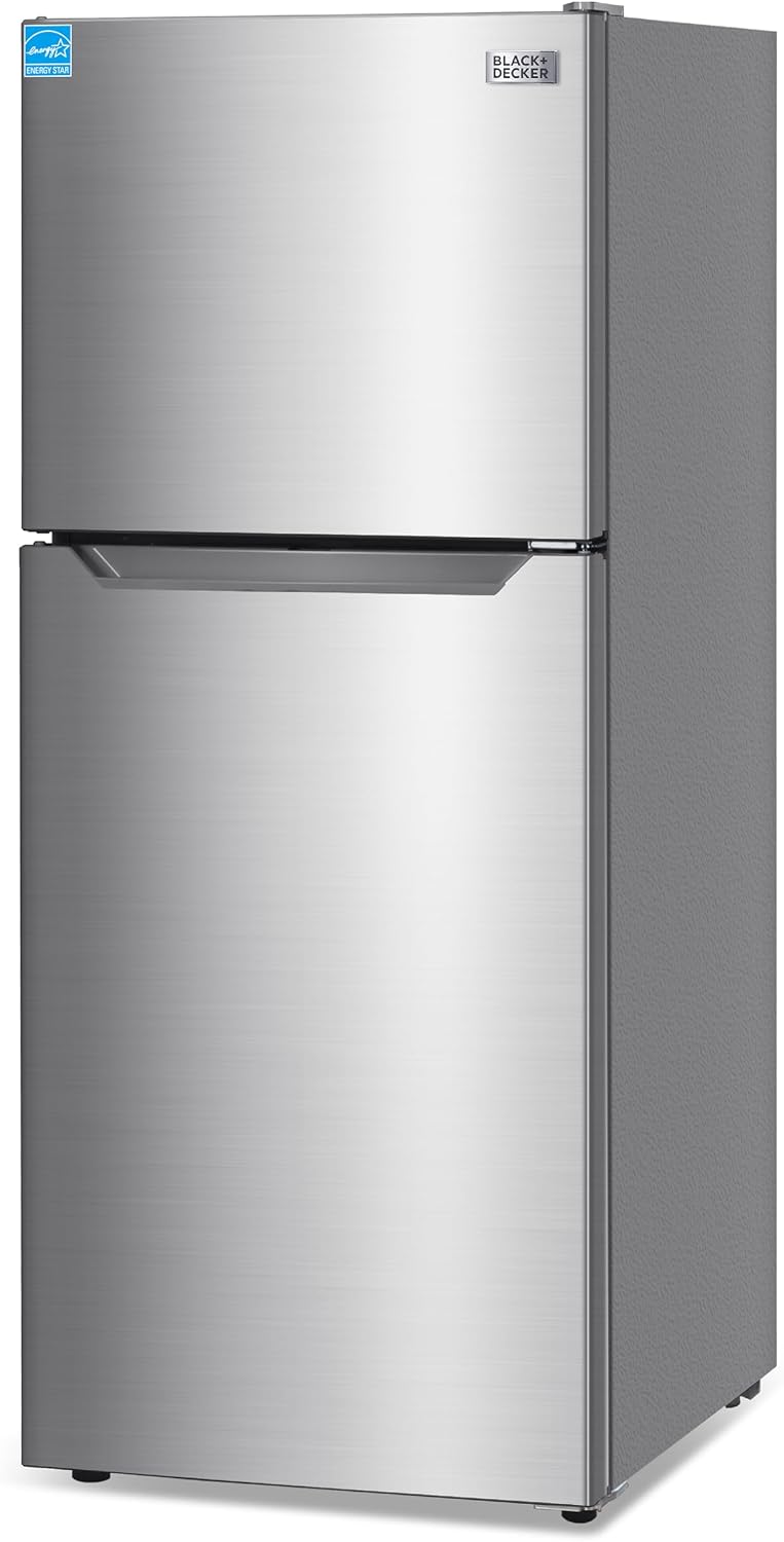 BLACK+DECKER 10 Cu. Ft. Top Mount Refrigerator with Freezer, 2 Door Refrigerator with Top Freezer and Adjustable Temperature Control,ENERGY STAR, BR1000HS, Stainless Steel Look