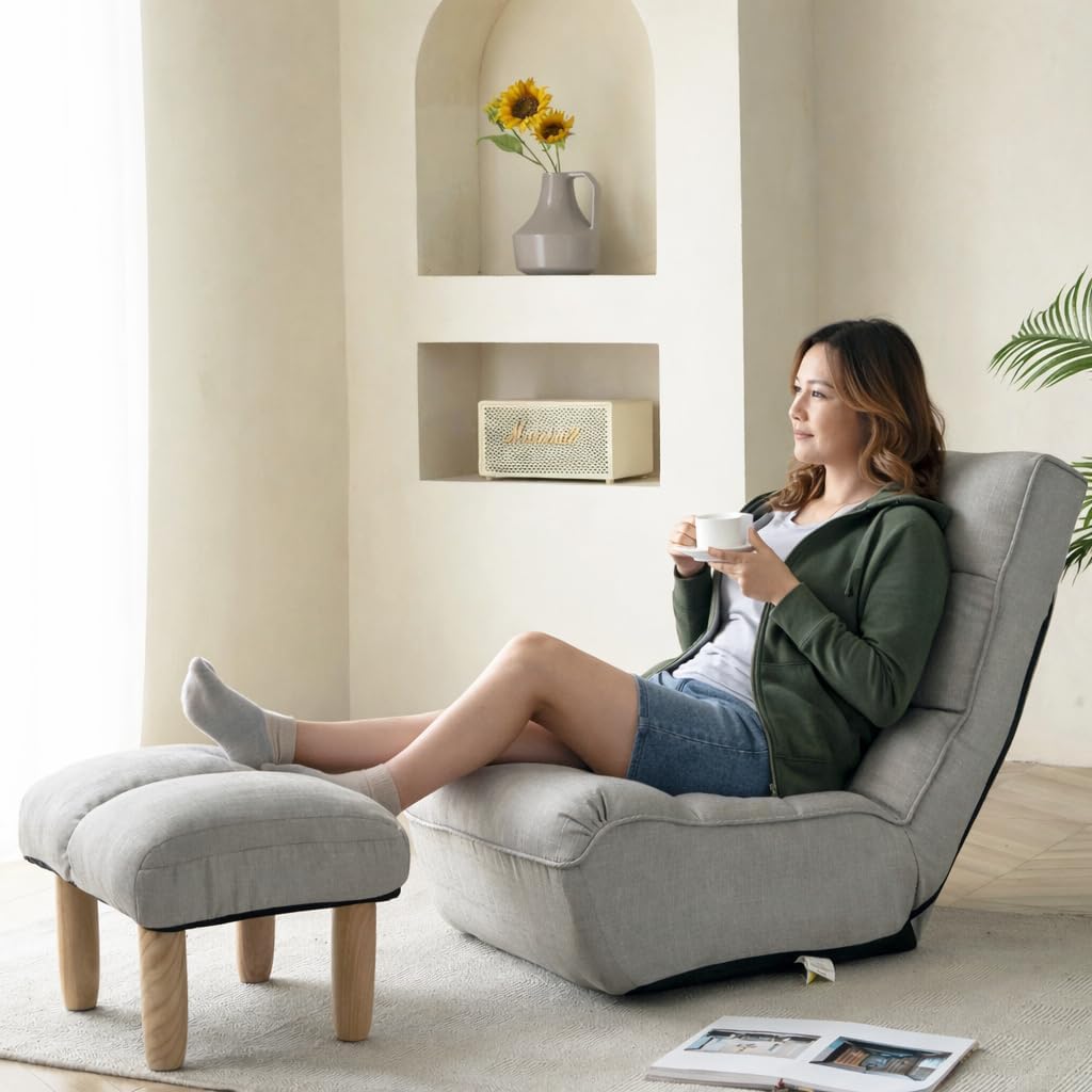 360° Swivel Floor Gaming Chair, Floor Chair, 14 Adjustable Head Segments 3 Waist Segments, Ergonomic Recliner for Gaming Reading Living Room, Includes Footrests (Cement Grey)
