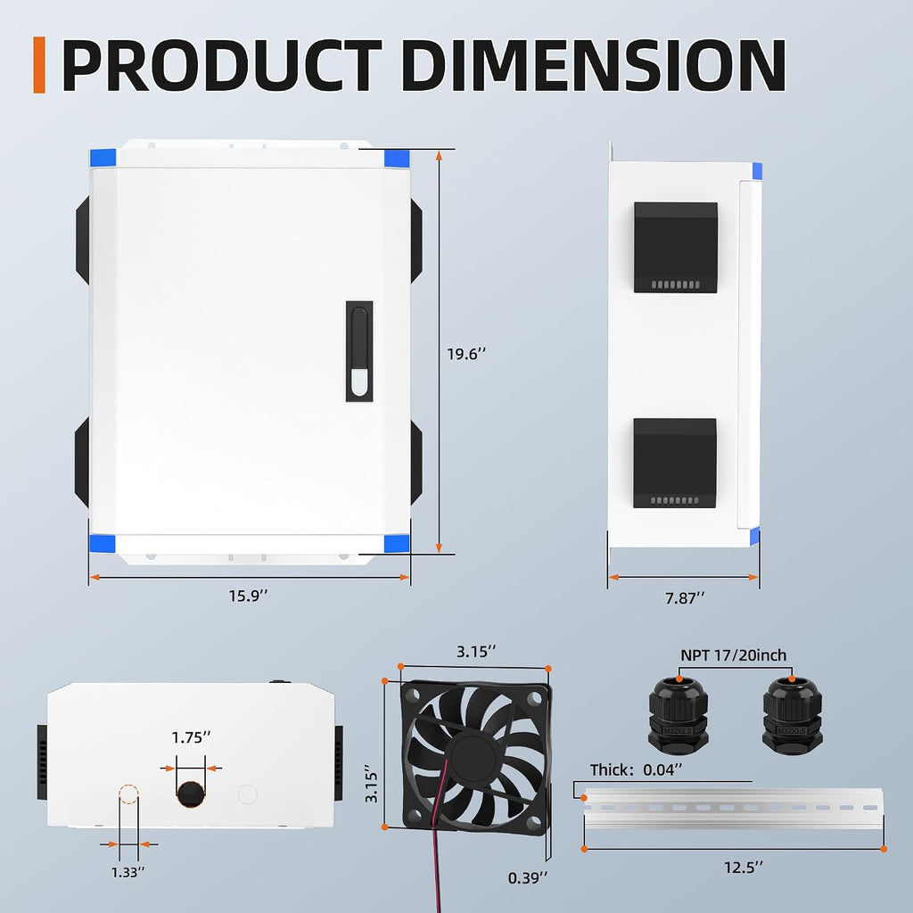 Joinfworld Outdoor Electrical Box 19.7'x15.7'x7.9' Metal Waterproof Vented Nema Enclosure with 12V Fan, Stainless Steel Junction Box with Cold Rolled Steel Plate Hinge Connection Din Rail