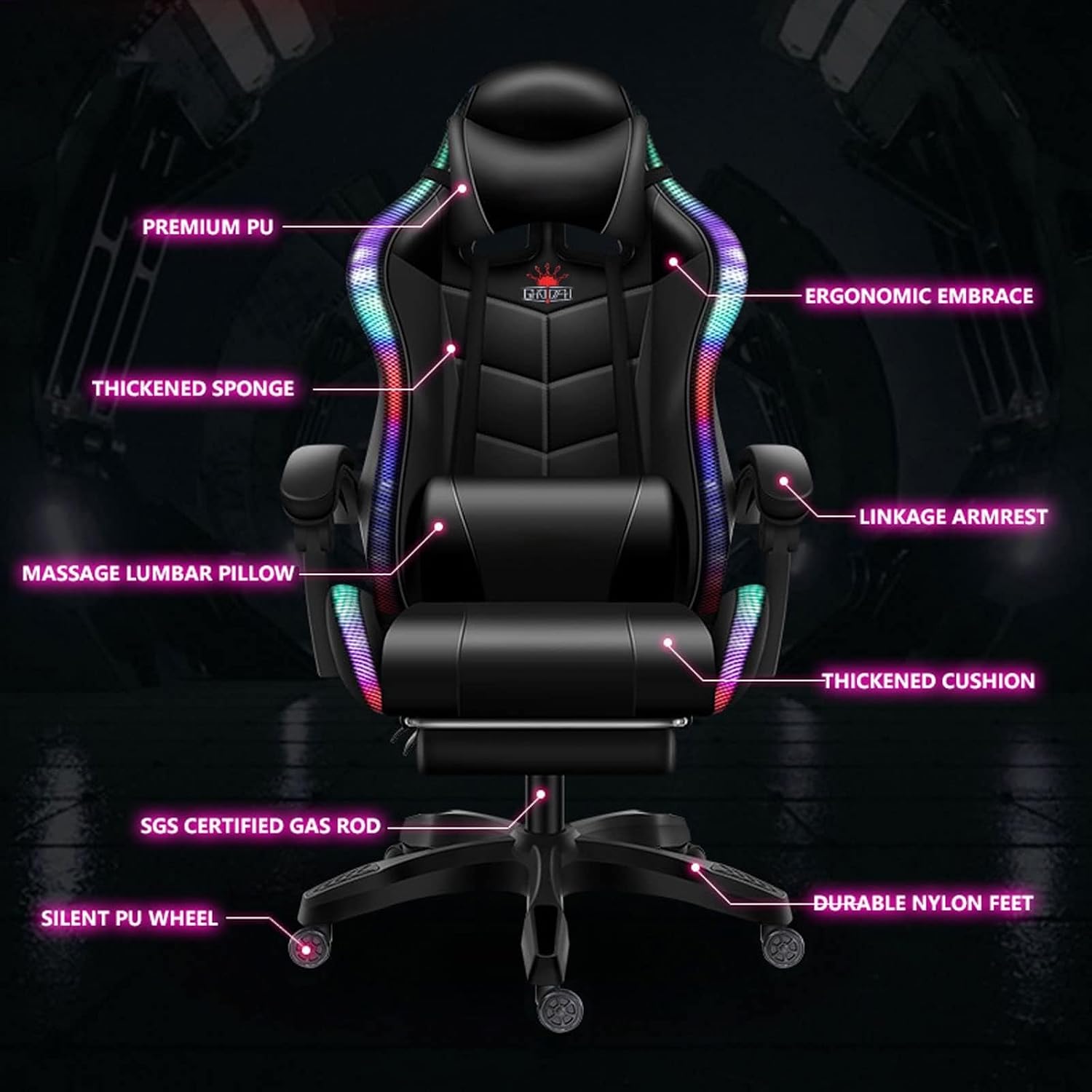 Video Gaming Chair with Speakers and RGB Lights, Ergonomic Chair with Seven-Point Massage Function, Computer Chair with Footrest and Lumbar Support Gaming Chairs for Adults,Pink