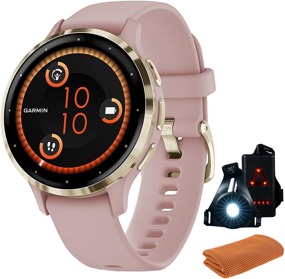 Garmin 010-02785-03 Venu 3S Health Fitness GPS Smartwatch Gold Steel Bezel w/Dust Rose Case (41mm) | Official USA Partner Model | Bundle with Towel, Deco Essentials Commuter Front, Rear Safety Light