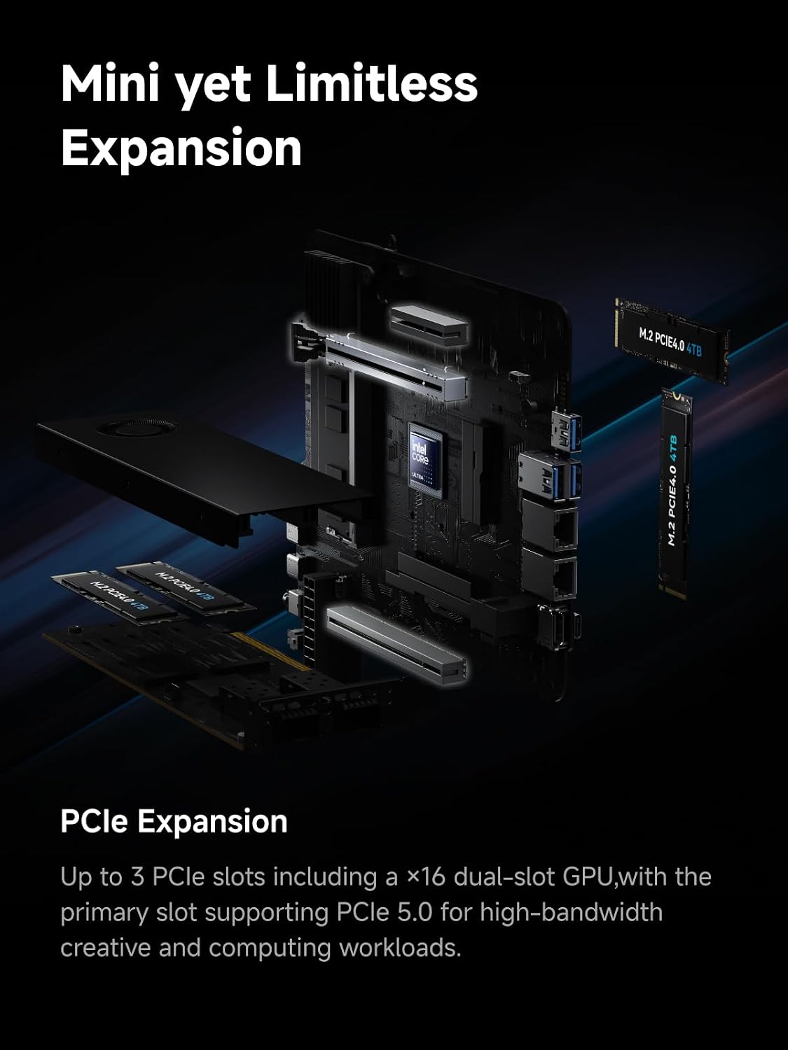 MINISFORUM MS-02 Ultra Workstation Mini PC, Intel Core Ultra 9 285HX (24C/24T, up to 5.5GHz), PCIe 5.0 x16, 4× DDR5 Slots, 4× M.2 Slots, USB4 v2 80Gbps, Dual 25GbE+10GbE+2.5GbE, Wi-Fi 7, 350W PSU