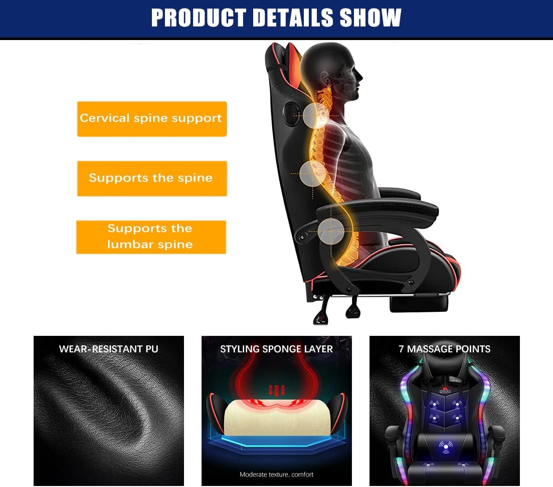 Racing Chair, Ergonomic Chair with Headrest and Lumbar Support, Video Gaming Chair with Speaker and LED Light, 90°-135° Tilt Computer Chair,for Adult Teen Gamer Gaming Chair.,White