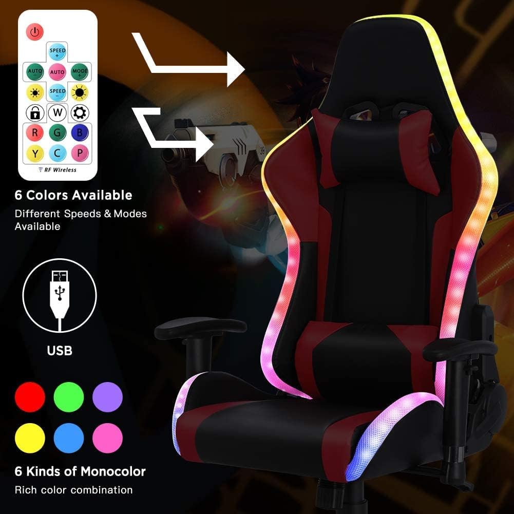 Massage Gaming Chair with Speakers, Reclining Computer Chair with Headrest and Lumbar Support,Ergonomic Gaming Chair with Footrest and Led Lights, Video Game Chair for Adults Kids.,Black