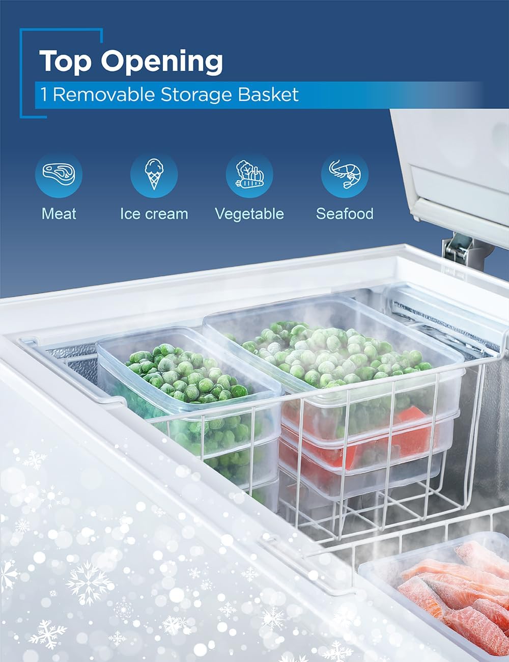 BLACK+DECKER 10 Cu. Ft. Chest Freezer, Deep Freezer with Top Opening, Freezer Chest with Removable Storage Basket, Mechanical Temperature Control, Manual Defrost, R600a Refrigerant, BCF1000E, White