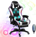 RGB Video Gaming Chairs with Speakers Ergonomic Pro Gaming Chair with Full Massage Lumbar Support and Retractible Footrest Adjustable Backrest Computer Chair High Back Recliner Chair,White
