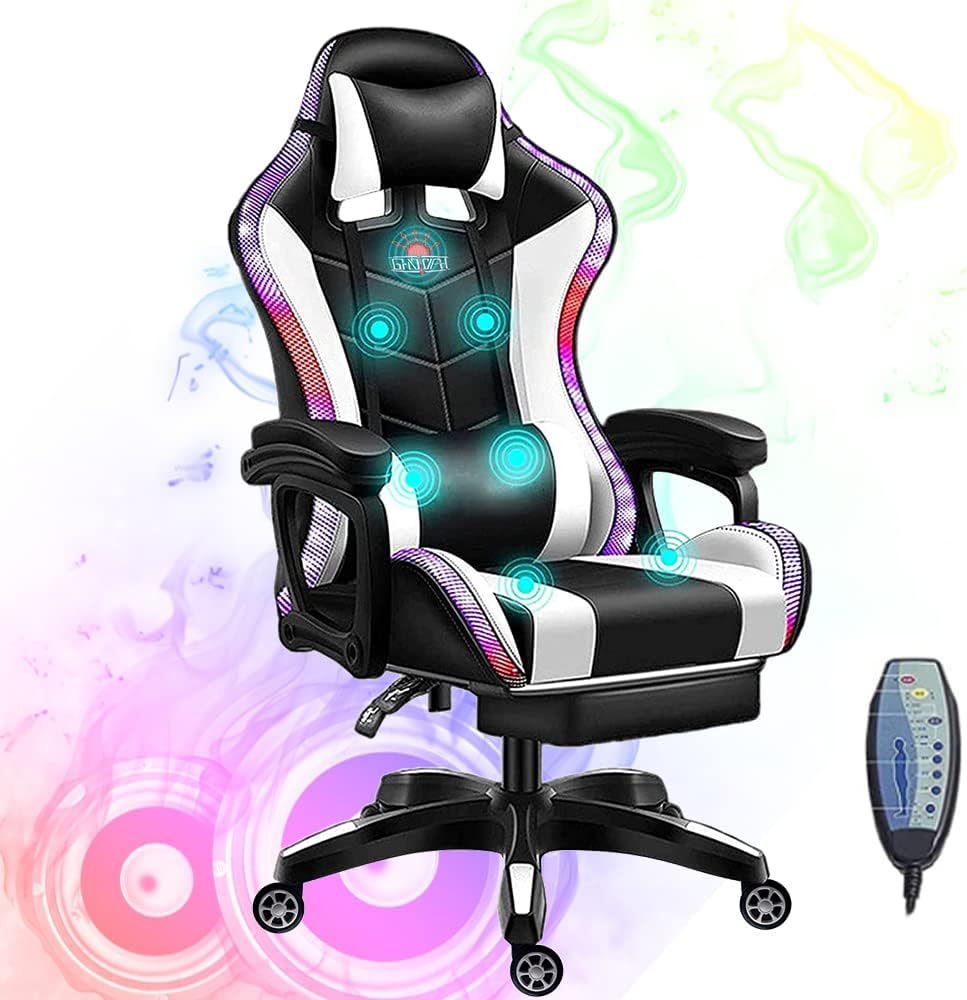 RGB Video Gaming Chairs with Speakers Ergonomic Pro Gaming Chair with Full Massage Lumbar Support and Retractible Footrest Adjustable Backrest Computer Chair High Back Recliner Chair,White