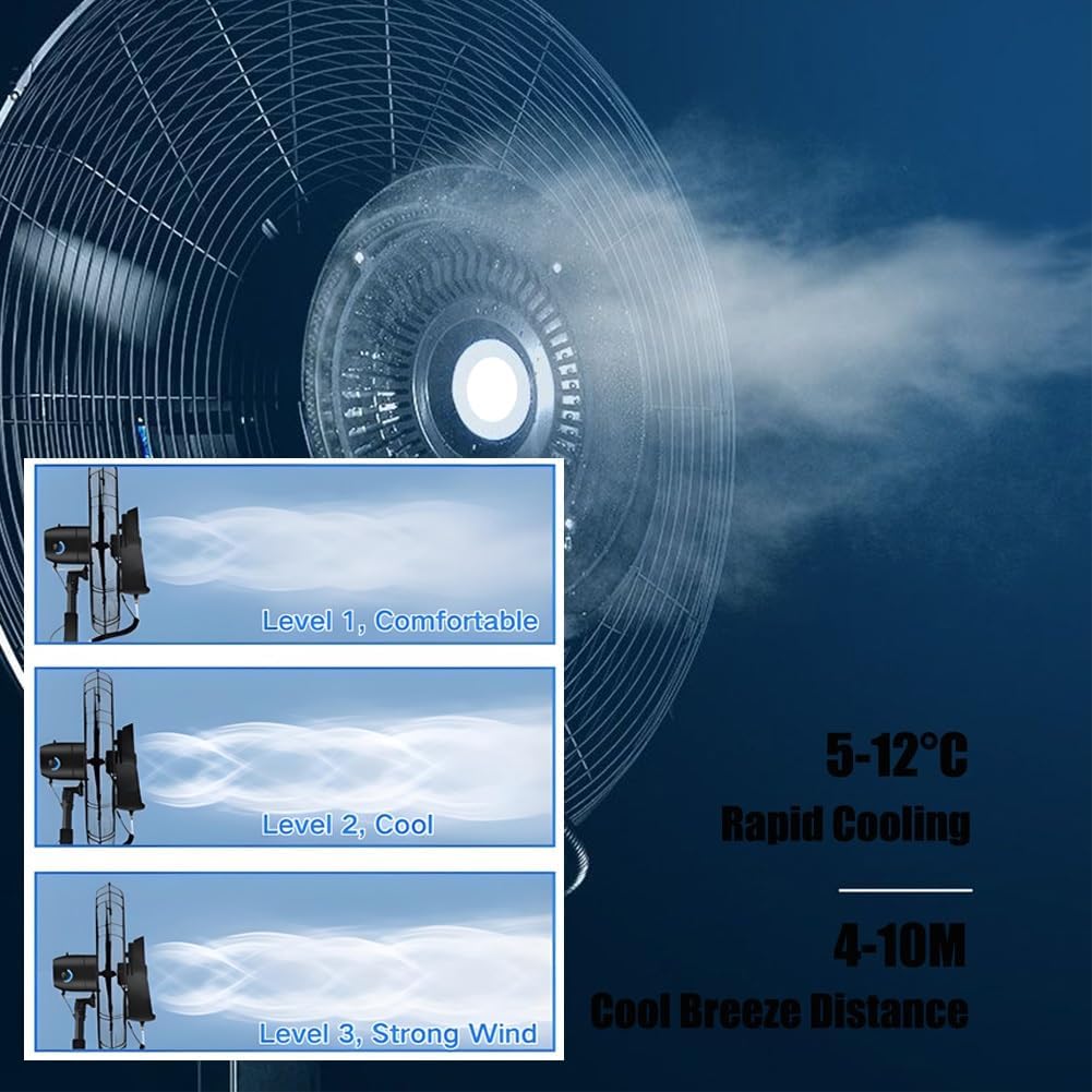 Misting Fan Portable 26' 30' Adjustable Oscillating Cooler with Wheels Industrial Mister Fans for Outside Patio, Standing Fan for with 11 Gallon/42L Water Tank, 3 Cooling Speeds(26in(650mm))
