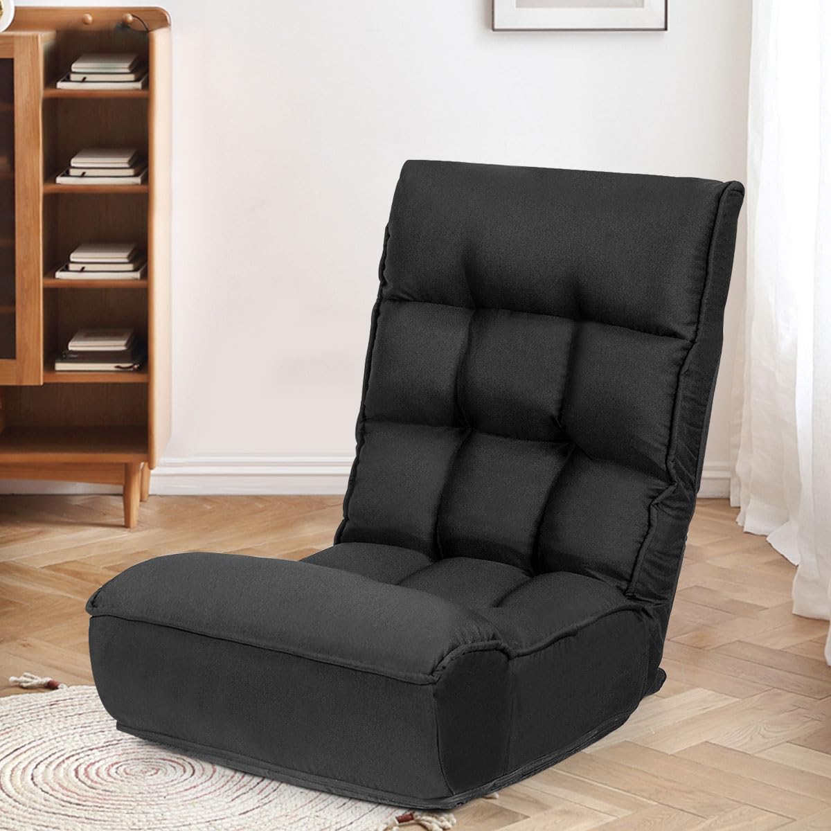 KOMFOTT Folding Floor Chair for Adults, Floor Gaming Chair with 5-Position Adjustable Headrest & 4-Position Adjustable Backrest, Side Pocket, Floor Seating Lazy Sofa for Reading, Meditating, Black