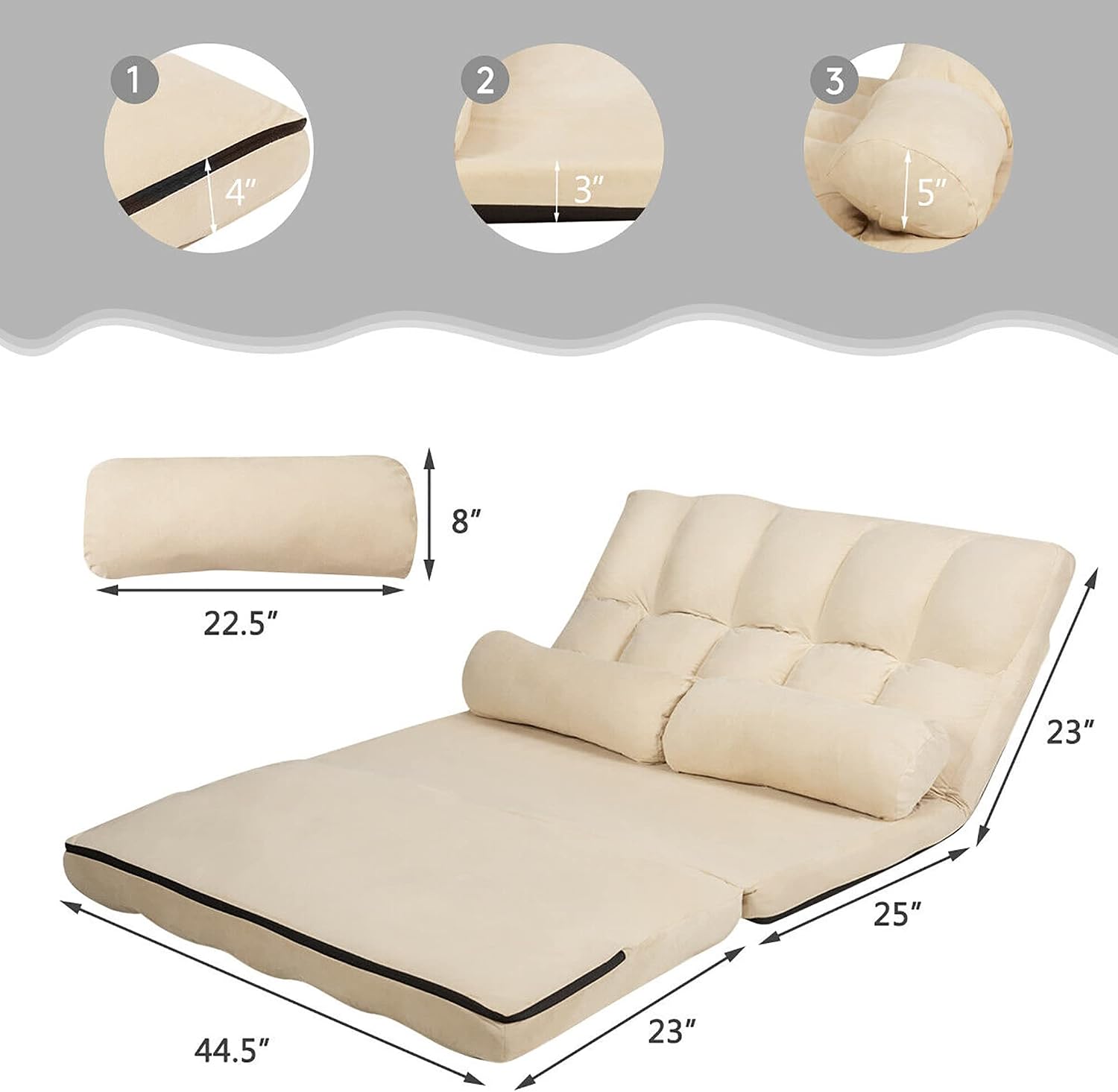 DORTALA Foldable Floor Sofa, 6-Position Adjustable Lounge Couch with 2 Pillows & Suede Cloth Cover, Modern Lounge Mattress Video Gaming Lazy Couch, Suede Floor Seating Sofa, 71' x 44.5', Beige