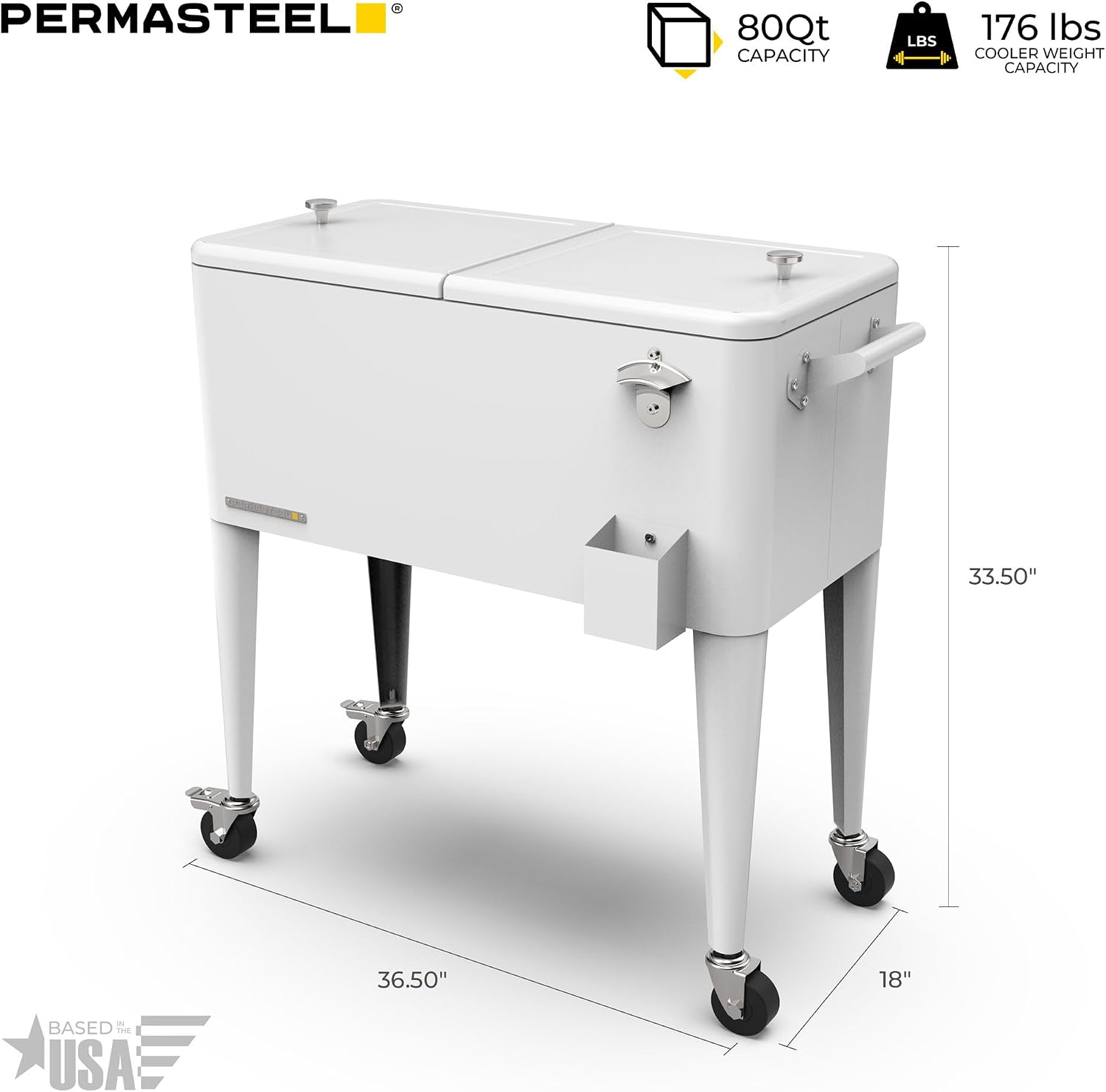 Permasteel 80-Qt Large Outdoor Patio Cooler with Wheels & Handles, Portable Rolling Hard Cooler for Outside, Retro Ice Cooler Cart, Beverage Can Coolers for Backyard Parties