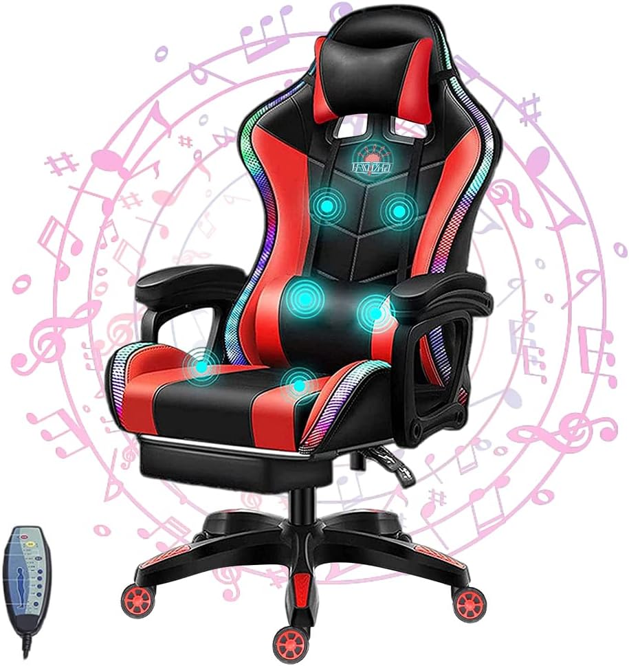 Video Game Chair for Adults Ergonomic Reclining Chair with Retractable Footrest Massage Gaming Chair with Speakers and LED Lights PU Leather High Back Computer Chair,Red