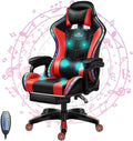 Video Game Chair for Adults Ergonomic Reclining Chair with Retractable Footrest Massage Gaming Chair with Speakers and LED Lights PU Leather High Back Computer Chair,Red
