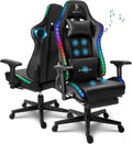 RGB Gaming Chair with Speakers and LED Lights Ergonomic 7-Point Massage Computer Chair with Footrest High Back Music Video Game Chair Headrest Lumbar Support 4D Armrest Office Chair,White